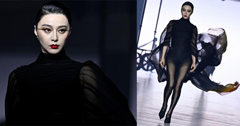范冰冰為Mugler巴黎時裝騷擔任模特兒，妝容特別。（法新社）