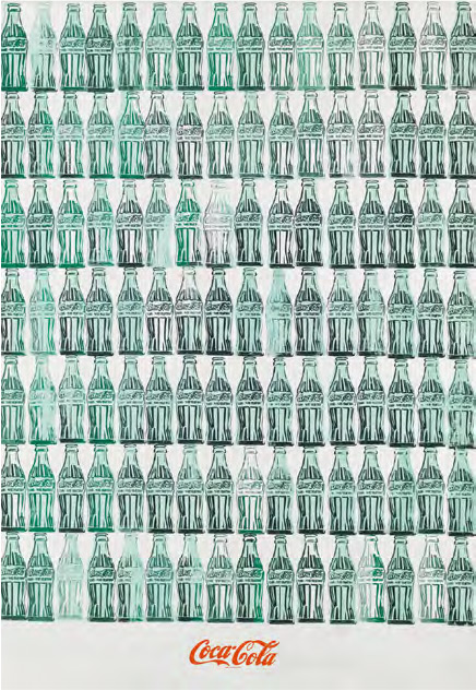 Green Coca-Cola Bottles--Green Coca-Cola Bottles（1962），你喝的可樂與名人喝的沒有分別，這是消費社會的平等嗎？作品現藏於Whitney Museum of American Art。（Whitney Museum of American Art網站圖片）