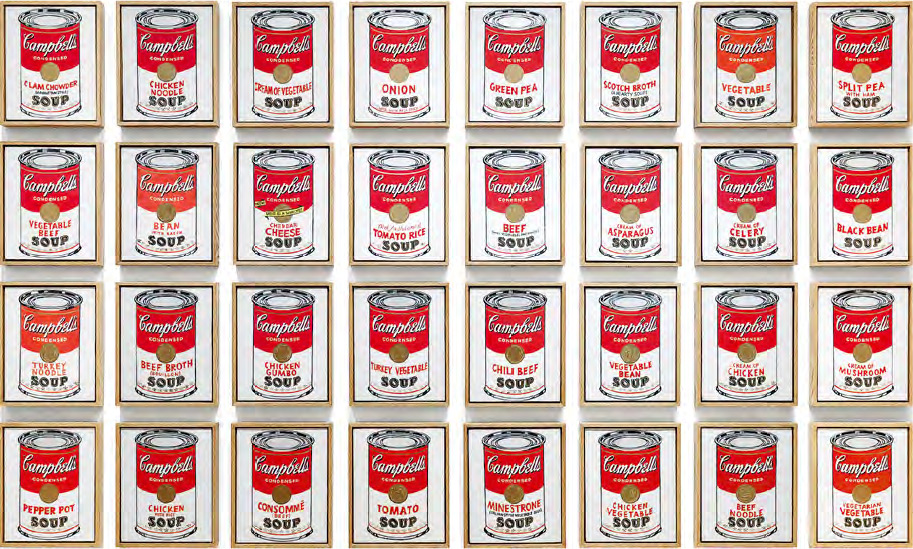 《金寶湯罐頭》--《金寶湯罐頭》（Campbell's Soup Cans）應是大多數人講得出的經典，32種口味任你選擇，但選來選去仍是金寶湯，作品現藏於MoMA。（MoMA網站圖片）