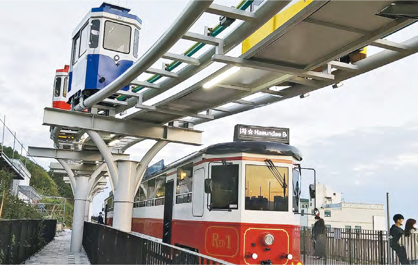 釜山熱點--釜山最新最受歡迎景點之一: 海雲台Blue Line Park海岸列車和天空艙。（卓惠媛攝）