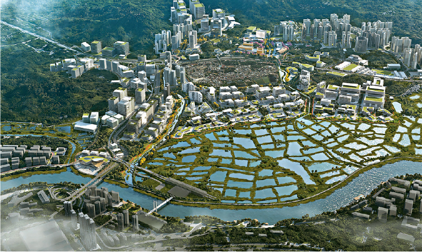 新田科技城位於北部都會區的心臟地帶，毗鄰深圳創科區域；建設科技城，將需要用到90公頃的濕地範圍。（新田科技城網站模擬圖片）