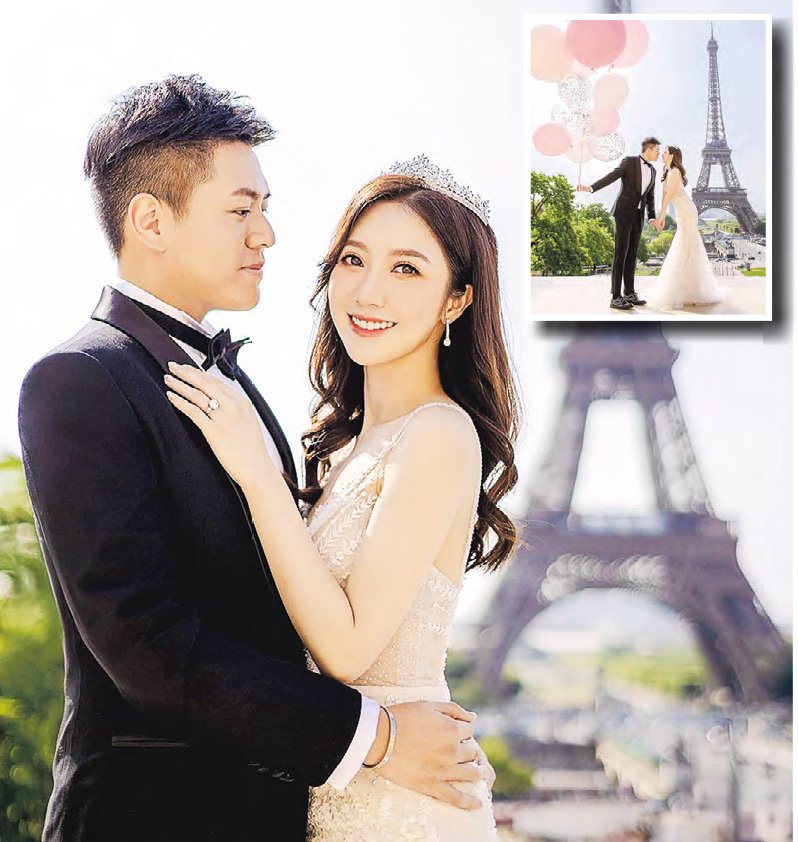 何依婷（右）貼出與未婚夫在巴黎拍攝的婚照宣布結婚。（網上圖片）