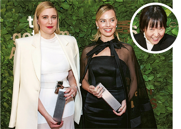 葛咸獎女導演豐收，姬達嘉域（左）執導、瑪歌羅比（右）主演及監製的《Barbie芭比》獲頒致敬獎，Celine Song（圓圖）執導的《從前的我們》則奪最佳電影。（路透社）