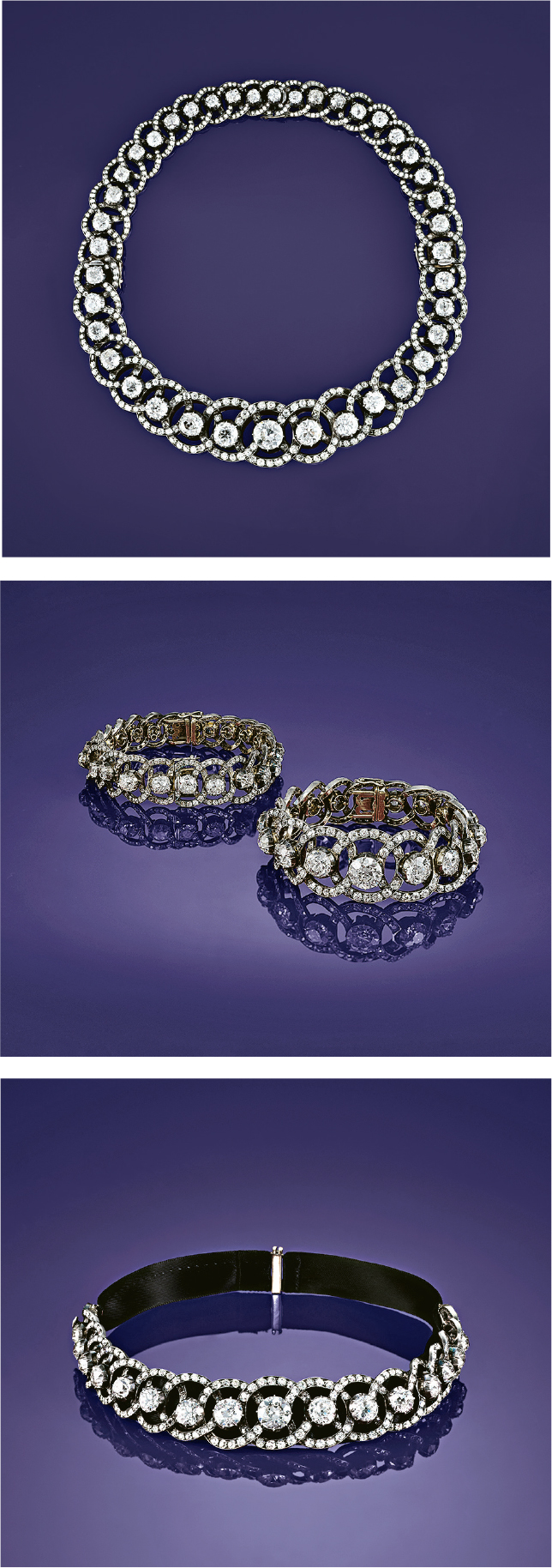 多種戴法--藏家喜歡可轉換佩戴的珠寶，圖中的頸鏈、短頸鏈和一對手鏈，其實是同一頂鑽石冠冕變化而成，當冠冕上的兩組鑽石鏈從支架上拆下來，便可轉換成不同的戴法。（展覽提供）