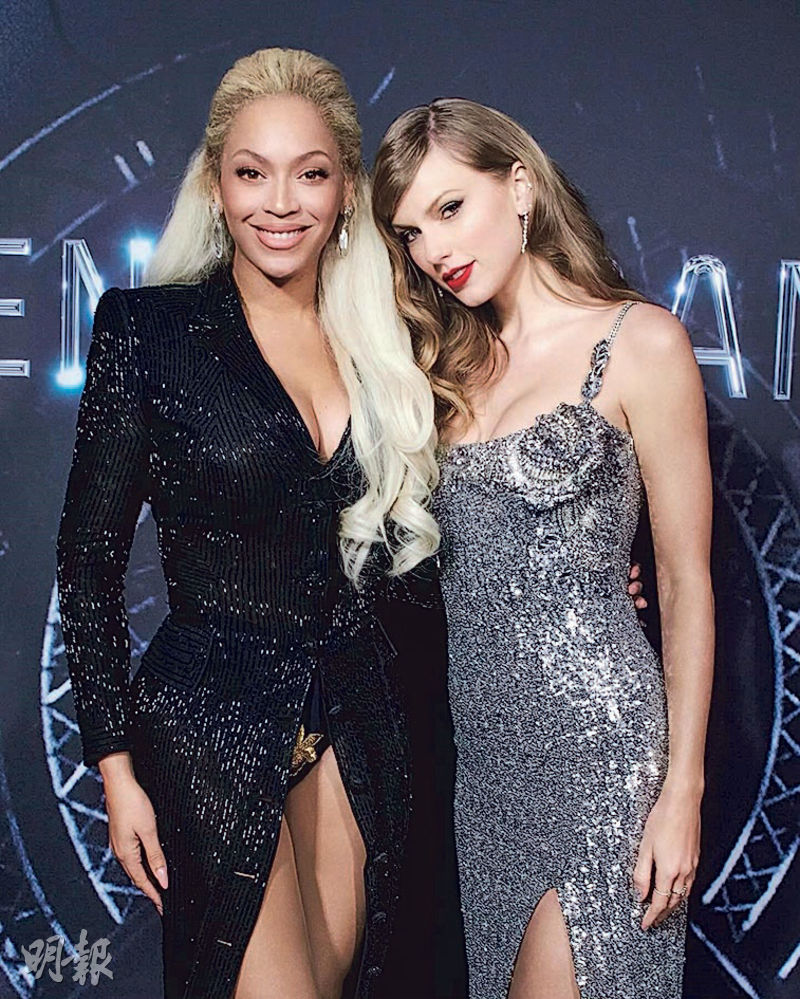 Beyonce（左）早前出席另一樂壇天后Taylor Swift（右）紀錄片《Eras Tour》首映禮，後者禮尚往來，前日專程赴英捧《Renaissance》的場。