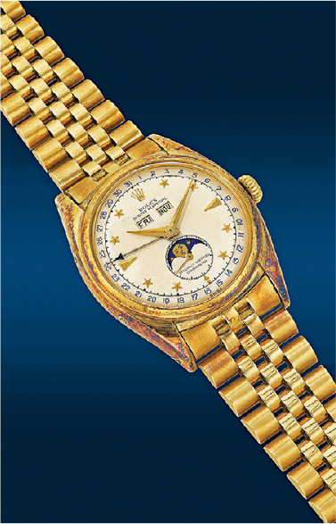 黃金自動全曆鏈帶--Rolex Stelline型號6062黃金自動全曆鏈帶腕表，約1952年製 ，成交價711.2萬港元。（拍賣行提供）