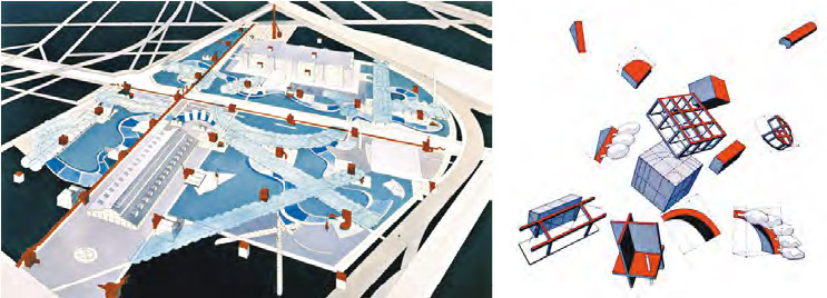 巴黎維萊特公園的網格設計系統，將遊亭安排在空間的各個網格上（左圖），每個遊亭都有獨特的幾何形式（右圖）和功能。（Bernard Tschumi Architects官網圖片）