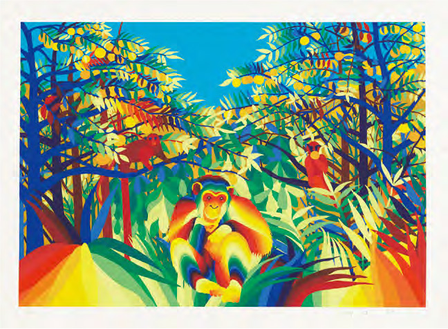靉嘔毫不掩飾對法國畫家亨利．盧梭（Henri Rousseau）的熱愛，《致敬盧梭》將盧梭的《自畫像》轉化成彩虹絲印版畫；《在盧梭的森林中沉思的虹猿》（圖）則將盧梭風格的森林印成彩虹，並加入一頭沉思的猿猴。（M+提供）