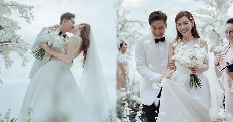 馬國明、湯洛雯日前在泰國蘇梅島舉行婚禮，正式結為夫婦。（馬國明Ig圖片 / 明報製圖）