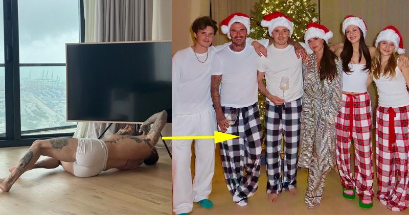 維多利亞早前公開碧咸穿著白色內褲修理電視機的照片，吸讚超過144萬，她昨日再更新社交網，貼出與子女及新抱提早慶祝聖誕的照片。（網上圖片）