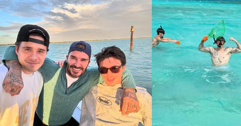 碧咸到巴哈馬度假，開心與兒子布魯克林和告魯斯踢波及潛水。（網上圖片）