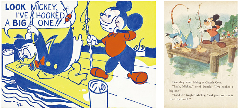 1961年完成的Look Mickey（左圖）奠定了Lichtenstein為人熟知的漫改風格基礎：紅黃藍三色與擷取戲劇化畫面，現為華盛頓National Gallery of Art館藏。原圖出自1960年的迪士尼繪本Donald Duck Lost and Found（右圖）。（National Gallery of Art網站圖片、網上圖片）