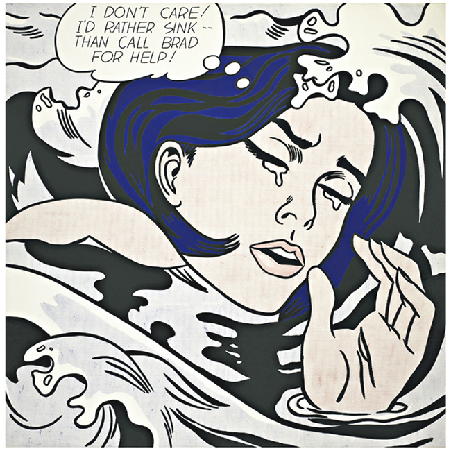 Drowning Girl中不難看出Lichtenstein的作畫特色，如只截取女孩特寫，修改顏色，用網點（Ben-Day dot）作臉部膚色，也借鑑葛飾北齋《神奈川沖浪裏》的方法修飾畫作的波浪。現為紐約Museum of Modern Art館藏。（Museum of Modern Art網站圖片）