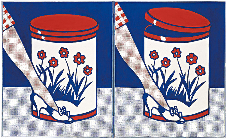 Lichtenstein在1961年創作的Step-on Can with Leg雙聯畫，穿高跟鞋的美腿踩在圓桶形垃圾桶腳踏上，叫看畫的人莞爾一笑。現為Fondation Louis Vuitton pour la Creation館藏。（Roy Lichtenstein: A Catalogue Raisonné網站圖片）