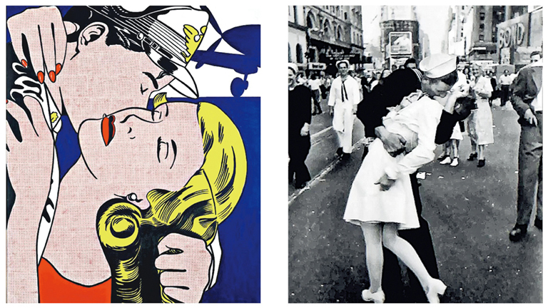另一幅名作The Kiss（左圖）中，Lichtenstein挪用二戰完結時的V-J Day in Times Square照片（右圖），後來他創作了一系列The Kiss畫作。（Roy Lichtenstein: A Catalogue Raisonné網站圖片、網上圖片）