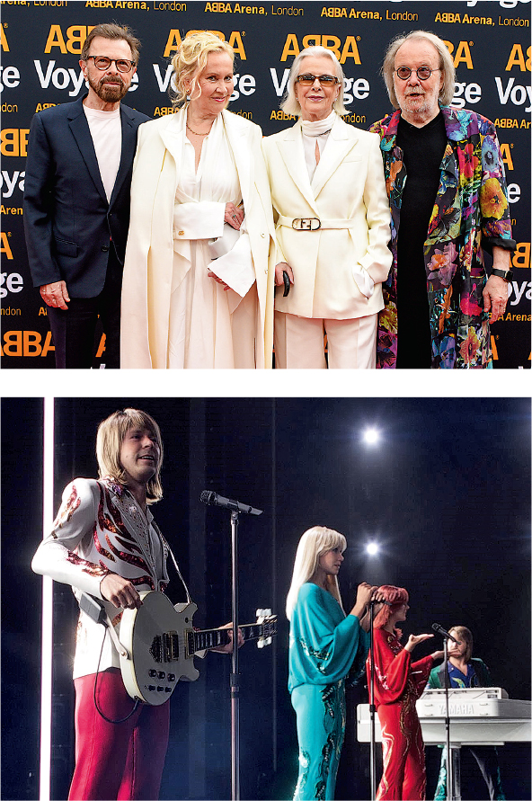 ABBA成員（上圖）前年出席《ABBA Voyage》虛擬演唱會首演，多得動態捕捉技術，他們終可「回春」在舞台又唱又跳（下圖）。