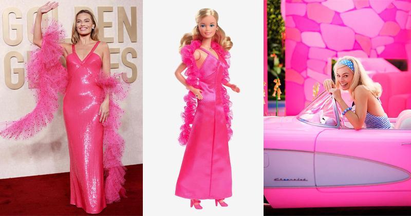 瑪歌羅比（左圖）憑《Barbie芭比》角逐女主角，並以Barbie的造型踏上金球獎頒獎禮紅地氈。（法新社/網上圖片/劇照）