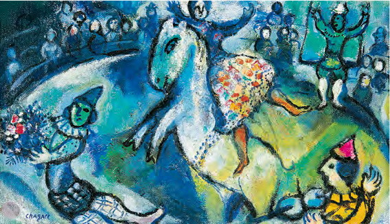 《馬戲團》--作者：Marc Chagall（1887-1985） 創作年份：1958年 規格：油畫畫布，24×41厘米 特色：作者深信馬戲團充滿魔力，伴隨笑與淚，舞台上的翻轉騰空是偉大的藝術。作品用色偏冷調，不期然散發出一種悲涼感（拍賣行提供）