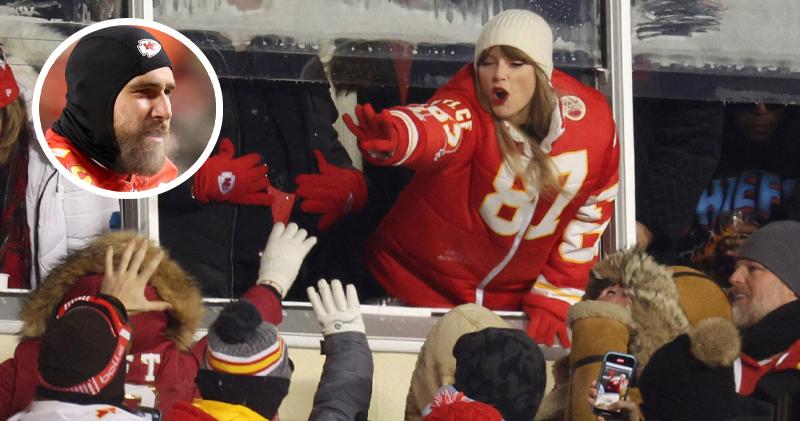 Taylor Swift冒寒入場看男友Travis Kelce（圓圖）比賽，但觀衆很熱情，紛紛趨前跟她打招呼。（法新社）