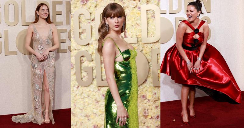 穿著Gucci的Taylor Swift（中圖）成為金球獎焦點，跟出爐影后愛瑪史東（左圖）及穿著Armani Prive擺出夢露姿勢的莎蓮娜高美斯（右圖）等閨密均有連串互動。（法新社）