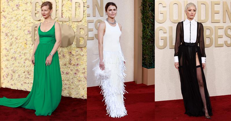 珊迪娜許勒（左起）、嘉莉羅素及「螳螂女」寶姬曼迪夫，分別穿著來自品牌Louis Vuitton、Jil Sander和Dolce & Gabbana的晚裝。（法新社）