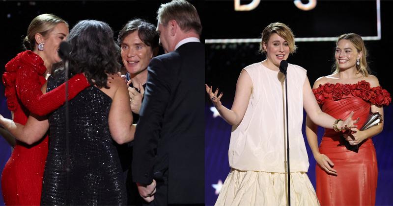 《奧本海默》（左圖）奪最佳電影、整體演出共8獎，成為大贏家，《Barbie芭比》（右圖）則以6獎緊隨其後。（路透社）