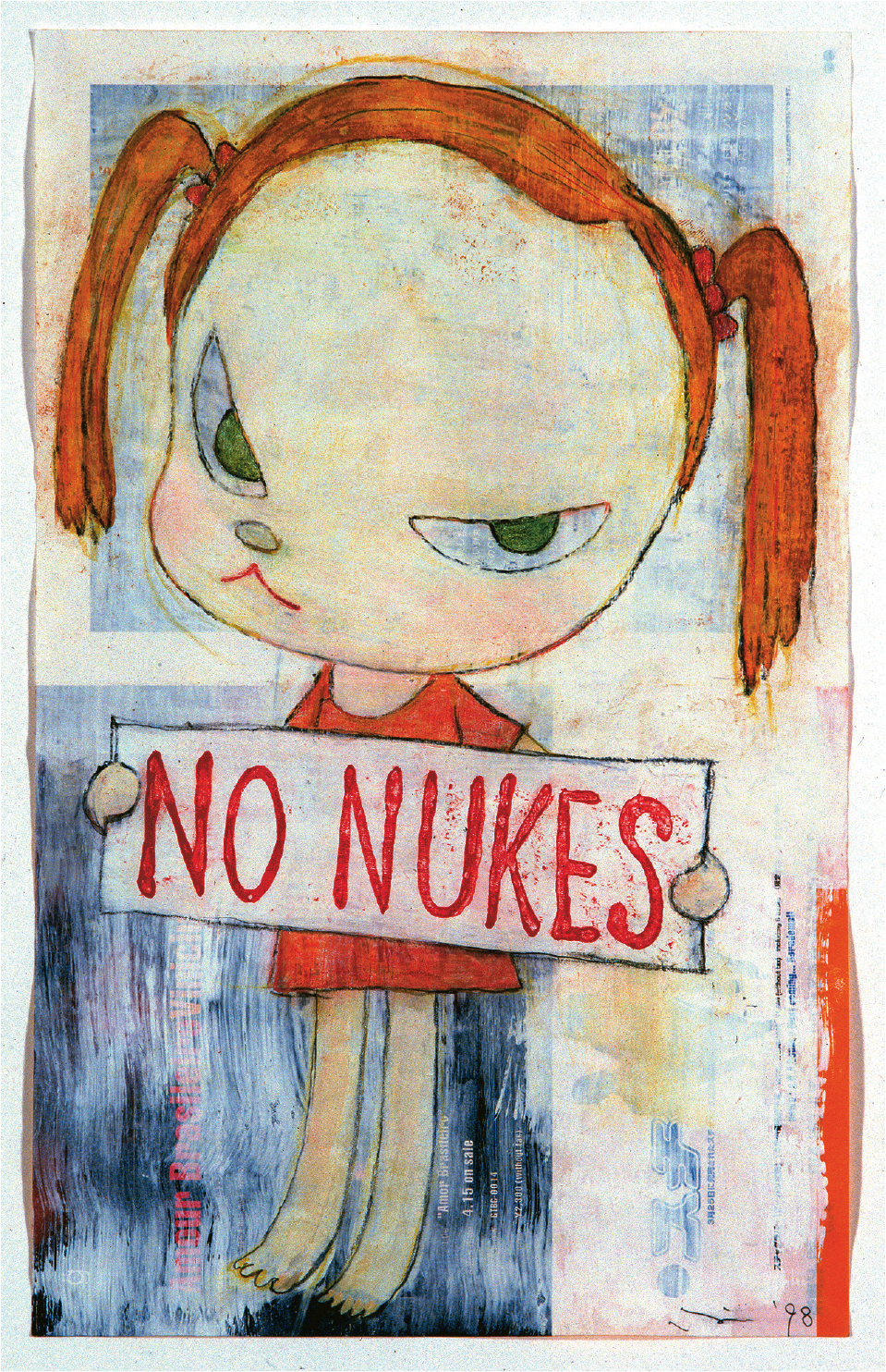 No Nukes（1998）--在青森縣立美術館舉行的奈良美智個展，提到他自小學起便沉浸於搖滾音樂中，No Nukes是其中一幅他年輕時受音樂薰陶而繪畫的作品，表達反核的理念。（青森縣立美術館提供）