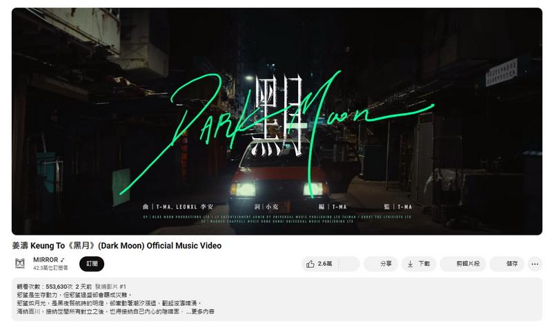 姜濤新歌《黑月》MV上架2天，觀看次數已逾55.3萬次，成為YouTube熱門影片NO.1。（網上圖片）