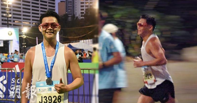 ERROR成員吳保錡今早（21日）帶傷參加「渣打香港馬拉松2024」，並於目標時間內完成10公里賽。（鍾偉茵攝、吳保錡Ig圖片 / 明報製圖）