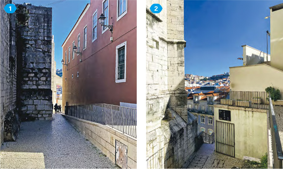 卡爾莫修道院的右方與紅牆建築之間，有一個由梯級、斜坡及石壆組成的角落（左圖），跟着梯級及斜坡指示的方向行走，便會走進一段不寬不窄的巷道（右圖），引領路人到升降機塔的方向。（作者提供）