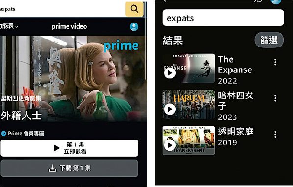 之前在香港地區Prime Video搜尋《Expats》或《外籍人士》可得出類似左圖畫面，該劇26日上架當天，相關頁面已消失（右圖）。