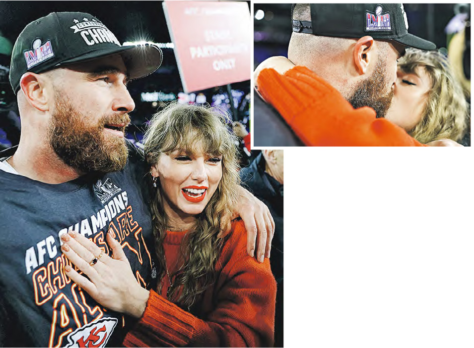 查維斯卻斯（左）帶領堪薩斯城酋長隊取得今屆超級碗決賽入場券，女友Taylor Swift（右）隨即衝落球場，擁吻男友道賀。（法新社）