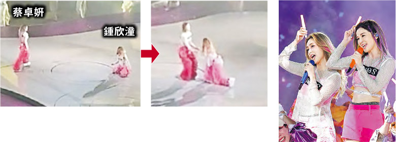 Twins（右圖）前晚紅館演唱會，鍾欣潼打側手翻時失手跌坐地上，蔡卓妍發現後隨即上前扶起隊友。