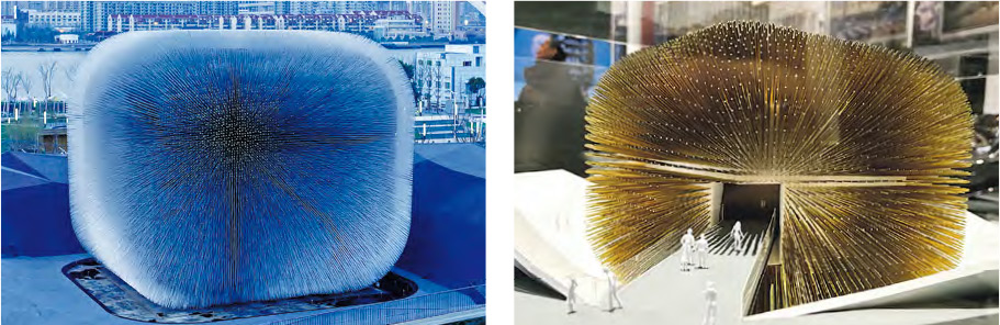 2010年上海世博英國館實景（左圖）及展覽展示的模型（右圖）。（資料圖片、嚴嘉栢攝）