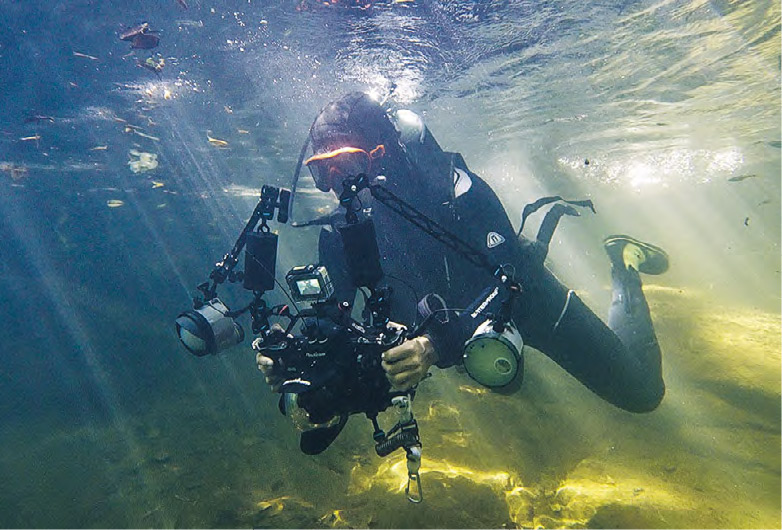 為記錄香港瘰螈的兩棲生活，馮漢城的Frigatefilms團隊需水肺潛水拍攝。（馮漢城攝）