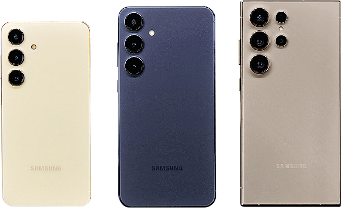 3種規格--Galaxy S24（左起）、S24+及S24 Ultra並列，可見Ultra版本形狀特別方正。屏幕分別為6.2、6.7及6.8吋。（品牌提供）