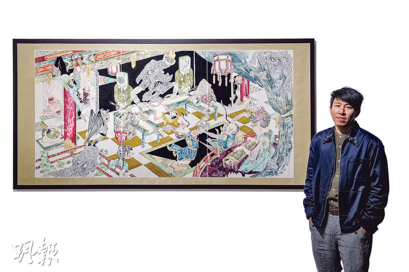 《宴會》為徐浩恩最新水墨系列之一，畫中藏有許多細節供觀者慢慢發掘。（朱安妮攝）
