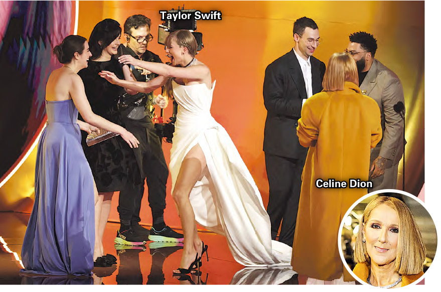 Taylor Swift獲頒年度專輯大獎，只顧跟製作團隊擁抱，未有理會頒獎嘉賓Celine Dion，網民批評此舉欠尊重。（法新社）