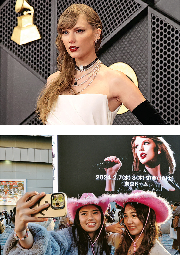 Taylor Swift（上圖）出席完格林美音樂頒獎禮後昨日到東京巨蛋開騷，不少粉絲下午兩三點已到場，開始排隊及買周邊產品。（路透社）