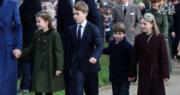 2023年12月25日英國王室聖誕崇拜，（左起）夏洛特小公主、喬治小王子、路易小王子、王儲威廉表妹扎拉的女兒米亞。（路透社）