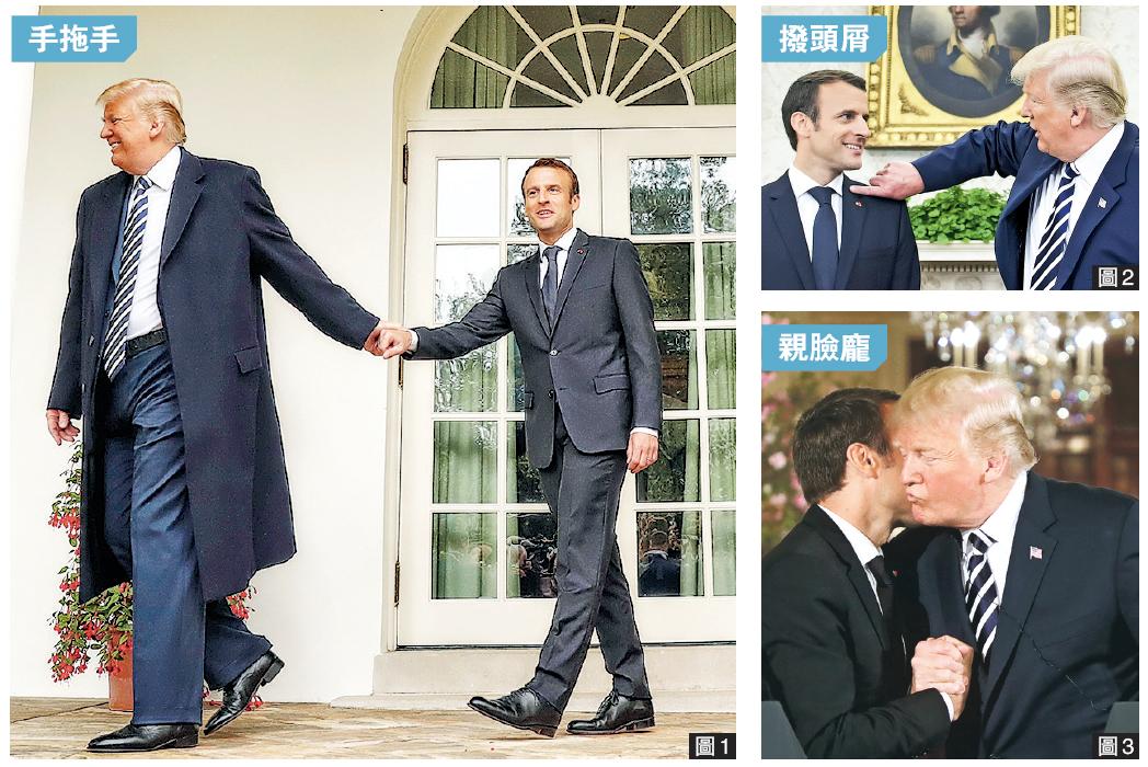 美國總統特朗普與法國總統馬克龍周二在白宮會晤的肢體互動成為傳媒焦點。在白宮官式歡迎儀式結束後，特朗普（左）拖著馬克龍（右）走向柱廊（圖1）。在開會前，特朗普又伸指頭體貼地掃走馬克龍左肩上的頭皮屑（圖2）。其後在聯合記者會上，兩人雙手緊握，互擁行吻頰禮（圖3）。