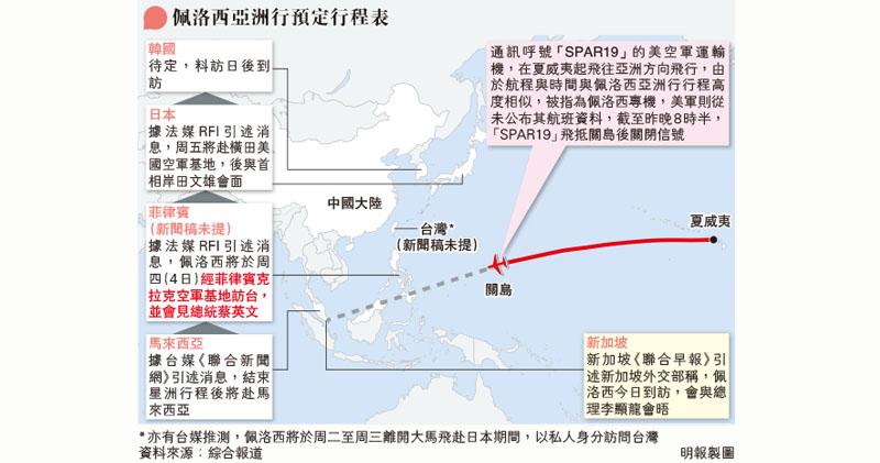佩洛西今抵星洲 亞洲行未提台灣 疑似專機昨晚降落關島 10萬人航班網實時追蹤
