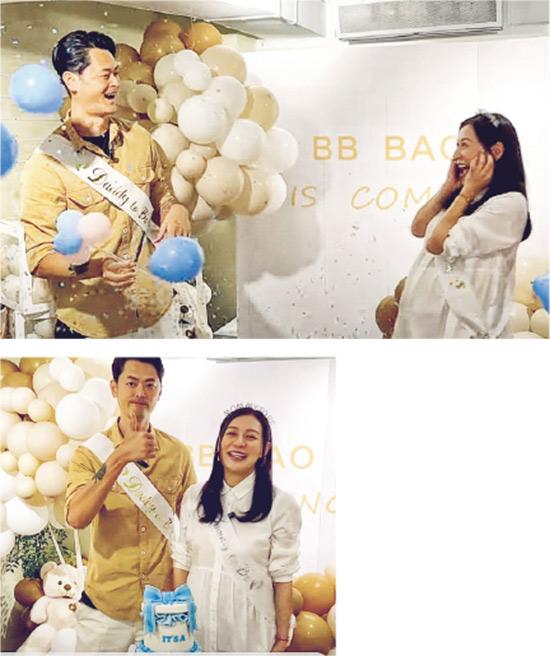 拮穿氣球揭曉胎兒性別，江若琳（右）因為驚要由老公蕭唯展（左）代勞，結果原來是囝囝，兩人不少朋友都猜錯。