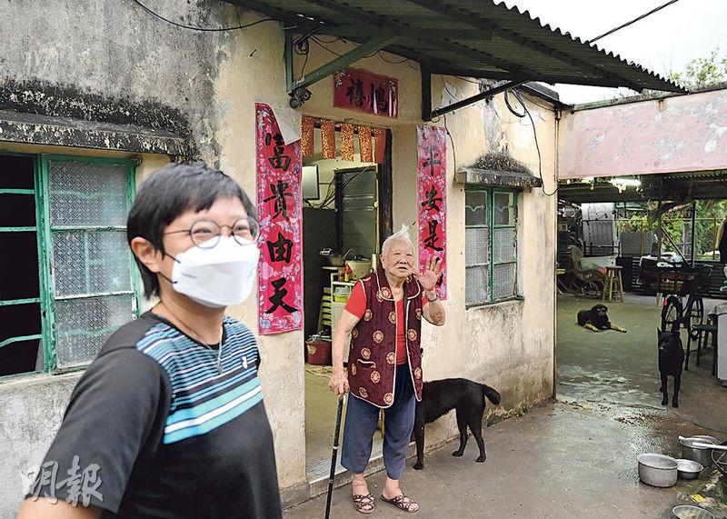 丙崗村村民黎小姐（左）稱已在該村居住32年，昨看新聞報道才知道鄉議局方案，倘日後收地，她希望原區安置。該村另一名98歲婆婆（右）則表示不希望搬遷。（鄧宗弘攝）