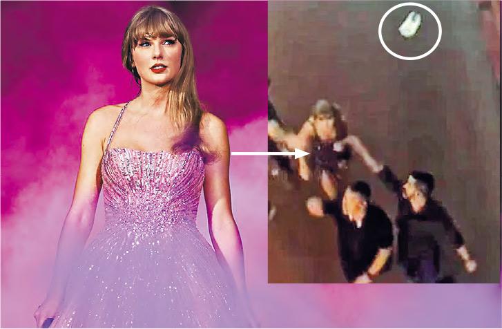 網上流傳片段Taylor Swift日前險被歌迷投擲的物件（白圈）擊中。