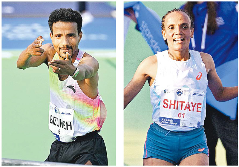 埃塞俄比亞籍的Melaku Belachew(左圖)和巴林籍的Shitaye Eshete(右圖),分別在全馬賽事稱王封后。(曾憲宗攝)